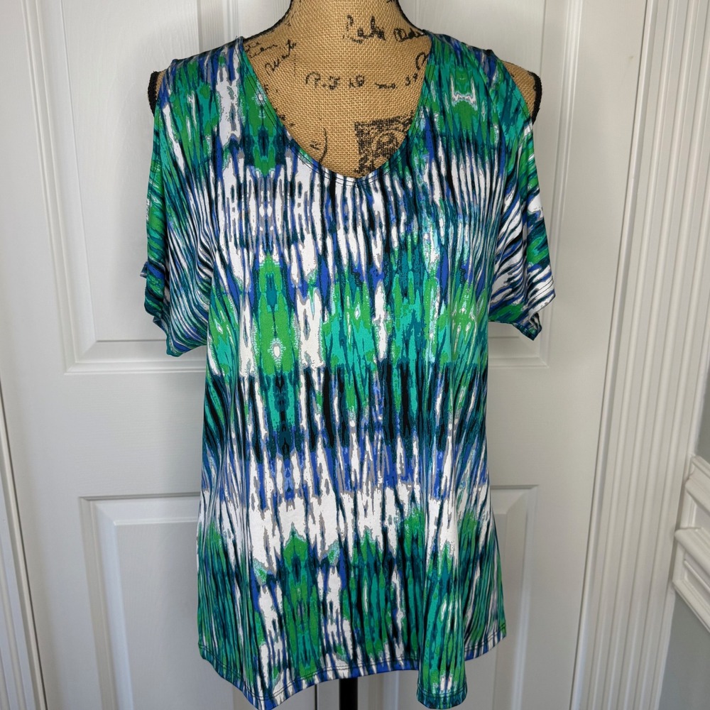 Vintage Passports Pier 1 Cold Shoulder V Neck Tie Dye Tunic Top Women's M EUC